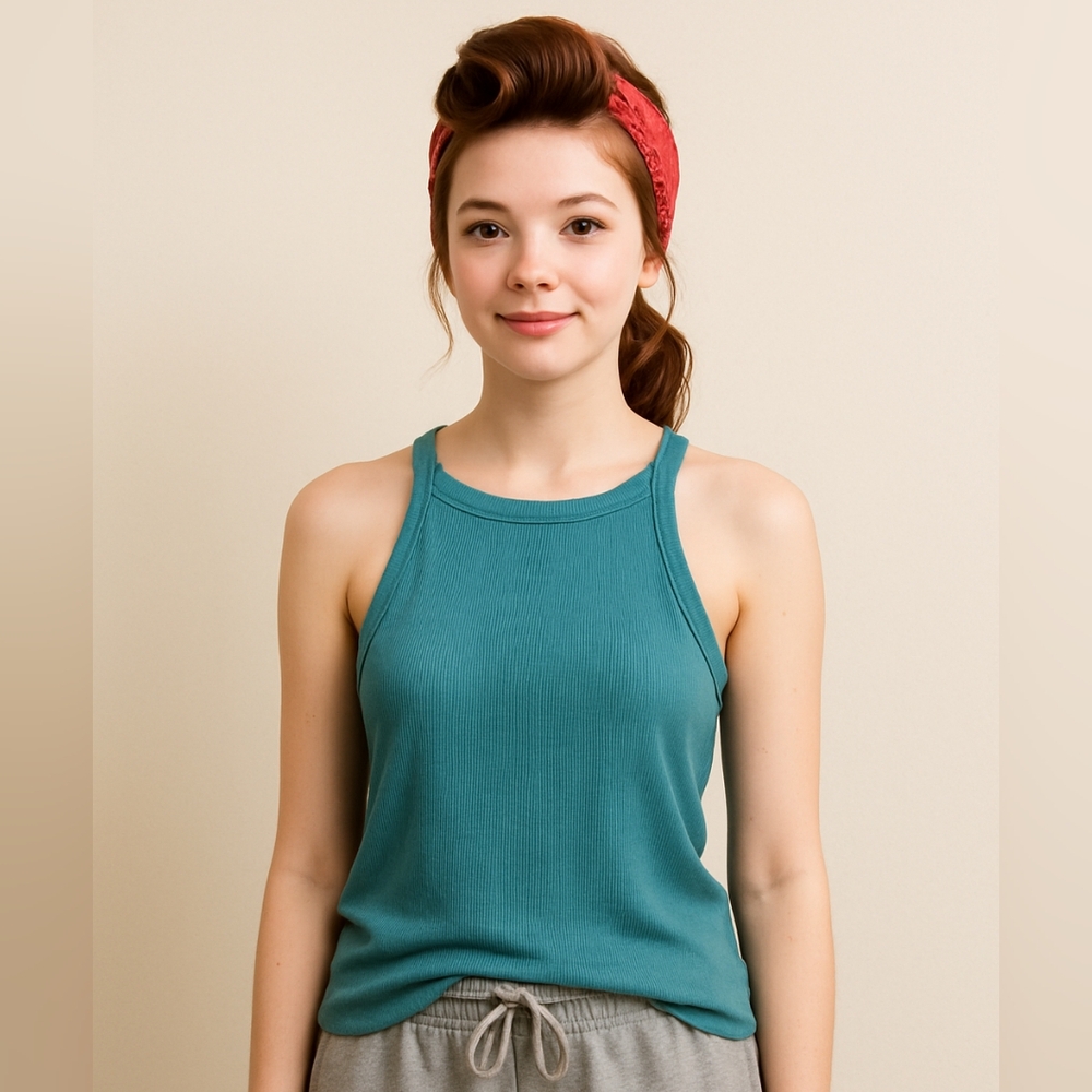 Sweet Romeo Ribbed Racerback Tank Top Teal Green Casual Basic Layering S NEW